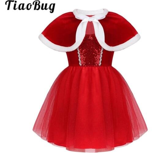 TiaoBug Kids Girls Christmas Costume Shiny Sequin Mesh Tutu Ballet Figure Skating Dress with Capelet Stage Performance Dancewear