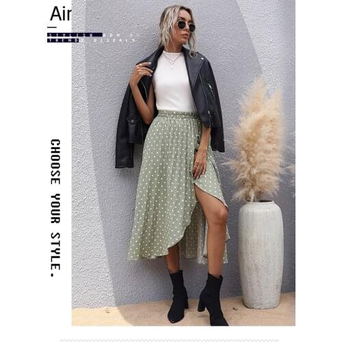DUISNENA boho skirt summer polka dots women skirts elastic high waist green irregular split ruffled longuette