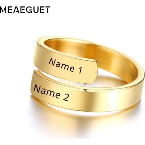 Personalized Womens Dual Two Name Rings Gold Color Custom Double Layer Wrap Hug Best Friend Mom Adjustable Size