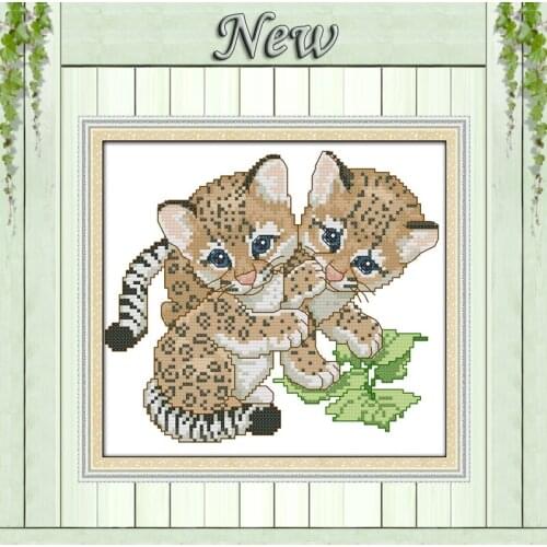 Two leopards cute baby animal home wall Decor counted print on canvas DMC 11CT 14CT Cross Stitch kits,needlework Sets embroidery