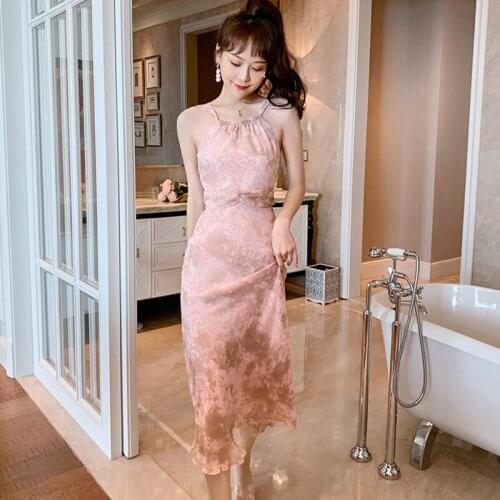 Fashion Vintage French Sexy Strap Sleeveless Midi Party Birthday Dress Ladies Elegant Coffee Break Casual Robe Print Beach Dress