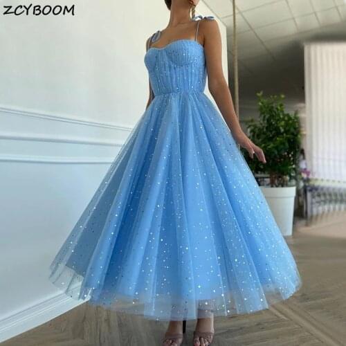 Light Blue A-Line Prom Dresses 2021 Women Formal Party Night Elegant Spaghetti Straps Vestidos De Gala Graduation Evening Gowns
