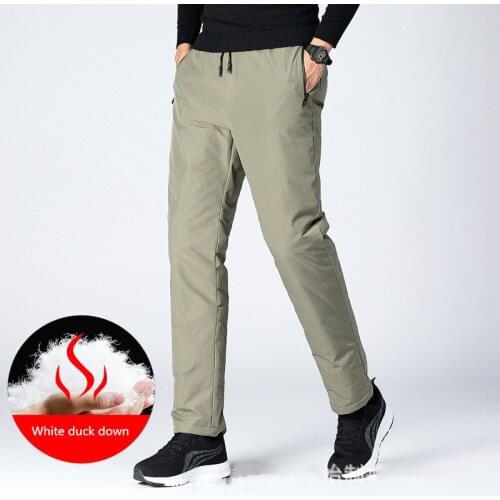 Outdoor Winter Long Pants Polyester Fabric White Duck Down Padding Thicken Hiking Camping Climbing Keep Warm Men Women Trousers
