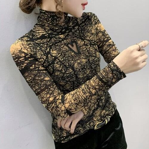 2021 Spring Women Lace Tops Fashion Print Turtleneck Mesh T-Shirt