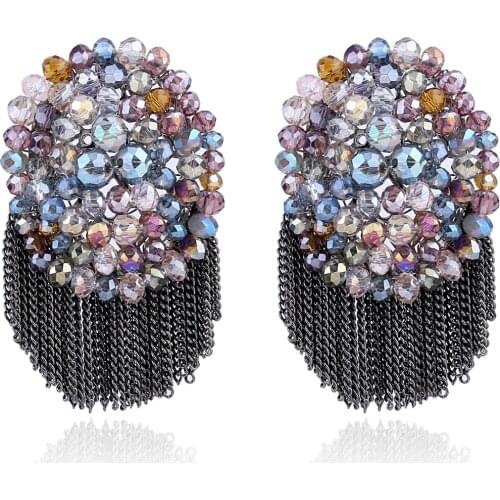 All Seasons Womens Trendy Crystal Earrings Gold Plated Knitted Small Beads and Tassels Stud Earrings for Wedding Party Gift