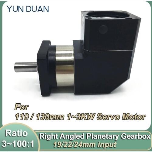 High Precision 10Arcmin 90-Degree Right Angle Planetary Gearbox 19 22 24mm Input 3~100:1 Reducer for 110 130mm 1~3KW Servo Motor