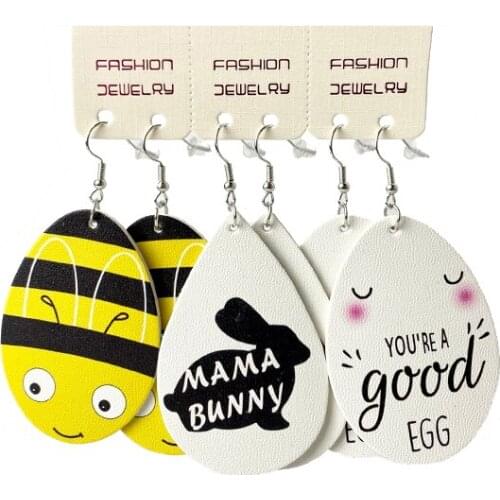 Funny Easter Eggs Teardrop Leather Earrings Sets for Women Bunny Girls Gift Bee Chick Cute Dangle Macrame Cartoons Jewelry Pack