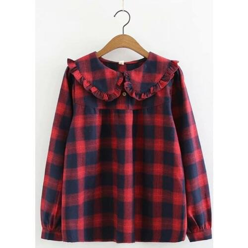 Women Paid Shirt Blouse Japanese Style Ruffles Sweet Shirts Kawaii Peter Pan Collar Shirt College style Female Loose Blouse Tops