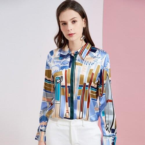Womens Blouses and Tops Silk white blue art Floral Office Formal Casual Shirts Plus Large Size Spring Summer Sexy Haut Femme