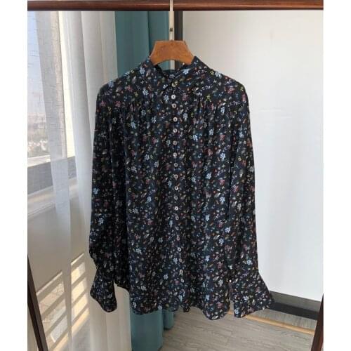 Women Shirt Black Gumlan Shirt Romantic Floral Flare Sleeve Loose Lazy Long Sleeve Shirt