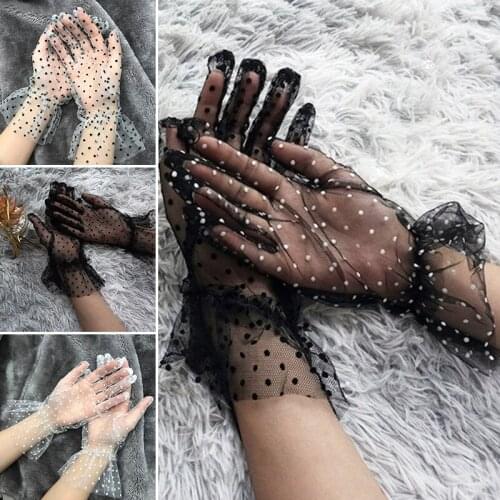 Summer Womens Gloves Lace Short Tulle Sexy Elegant Stretc Spotted Lotus Leaf Lace Gloves Full Finger Clothing Accessories