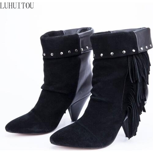 Women`s winter genuine leather spring quality suede fringe ankle boots casual cowboy boots rivet motorcycle shoes tassel boots