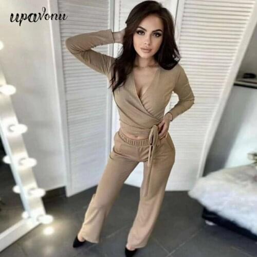 Free Shipping 2021 New Womens Knitted Suit Sexy V-neck Long Sleeve Lace Up Short Top & Elastic Straight Pants Two-piece Sets