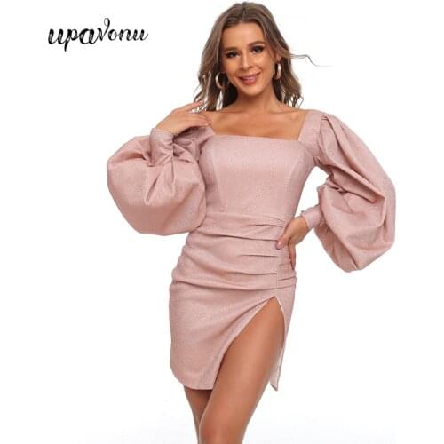 Free Shipping 2021 New Shiny Summer Dress Women Sexy Square Neck Lantern Long Sleeve Bodycon Draped Split Club Party Vestidos