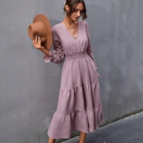 Ladies Elegant Maxi Dress Sexy V-neck Long Sleeve Ruffles Long Dresses For Women 2021 Autumn Vintage High Waist Pink Party Dress