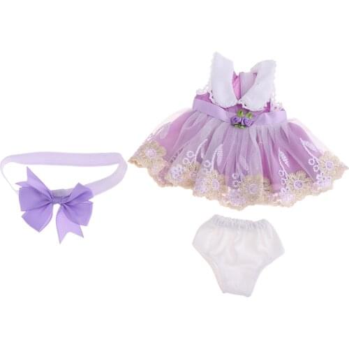 16inch Dolls Outfit Clothes Lace Dress Skirt Underpants Headband For 40cm Salon Doll Accessories Purple