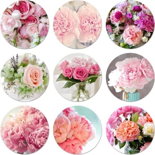 58mm Elegant Pink Purple Peony Flower On the Vase Icons Pins Badge Decoration Brooches Metal Badges For Backpack Decoration