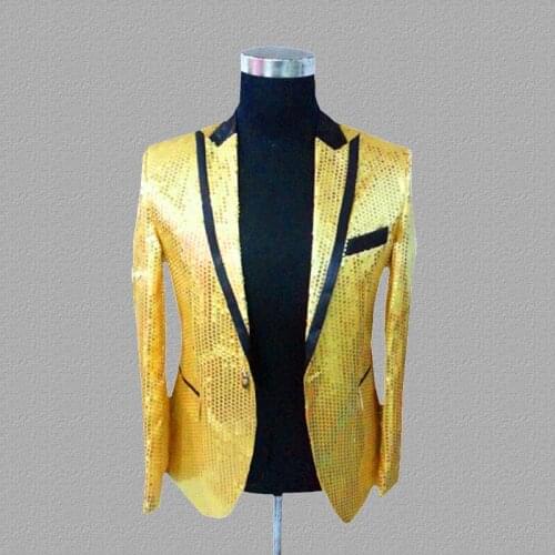 Yellow sequins blazer men suits designs jacket mens stage costumes for singers clothes dance star style dress punk masculino