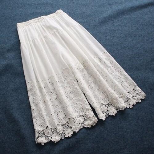 Harajuku MoriGirl Elastic Waist Embroidery Cotton Linen Wideleg Fairy Pants Women Loose Cropped Casual Trousers Mujer Pantalones