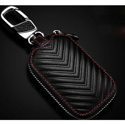 Black Key Holder Cover Car Key Chain Bag Genuine Leather Remote Fob Zipper Case Useful Car Interior Accessories