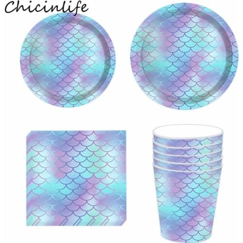 Chicinlife Mermaid Disposable Tableware Paper Plates Cup Napkins Mermaid Party Decoration Happy birthday Party Supplies