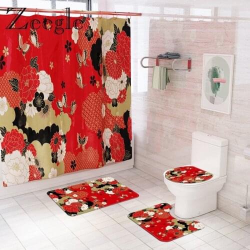 Floral Print Bath Mat and Waterproof Shower Curtain Set Washable Carpet Toilet Lid Cover Mat Anti-slip Shower Room Foot Rug Set