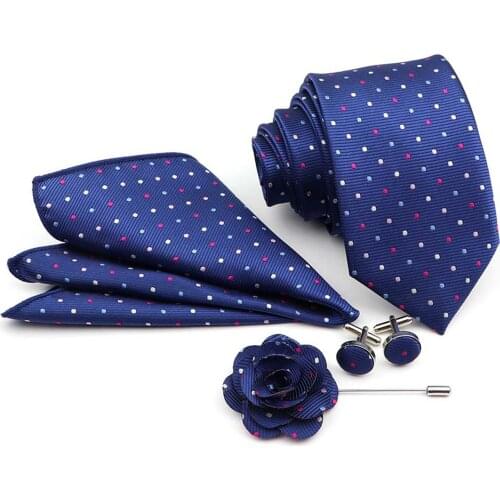 Men Polyester Tie Set Skinny Classic Jacquard Woven Necktie Pocket Square Cufflink Breastpin Party Wedding Fashion Design Gift