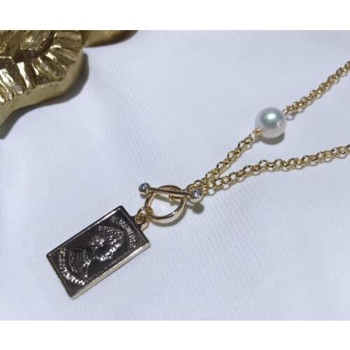 Classic OT clasps Square Gold Coin Necklace with Nature Freshwater Pearl,Retro INS style women Necklace Jewelry gift favor