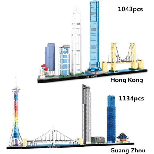 Famous City Architecture Skyline Collection Hong Kong Guangzhou Tower Shanghai Model Building Blocks Kit Bricks Kids Toys Gifts