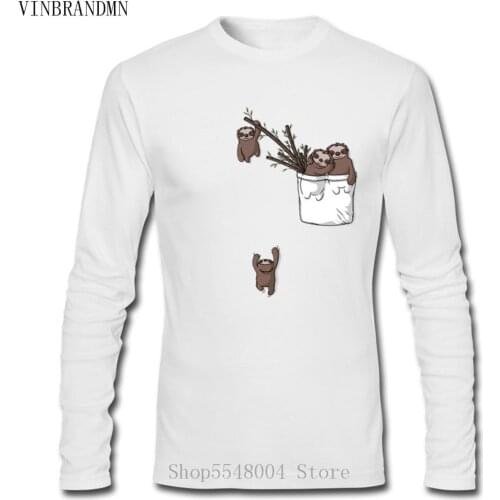 Creative Tees Lovely Animal T Shirt Happy Sloth Family In Pocket Funny Mens T-Shirt New 100% Cotton Long Sleeves Cute Tshirt 3D