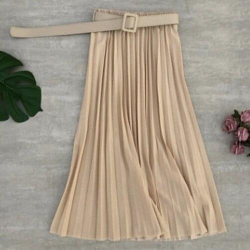 Summer Women Pleated Skirt Casual Vintage High Waist Solid Color Belted Ladies Middle Skirt Simple Mujer Faldas Fashion