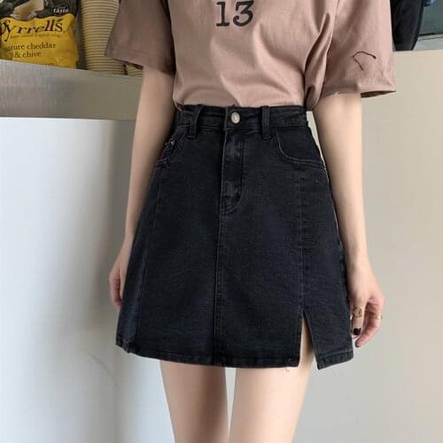 Fashion Split Black Denim Skirts Womens Anti Empty Summer New Korean Half Length Button Pocket Thin A-Line Skirt Female Trend