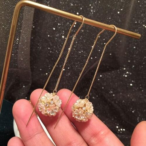 Trendy Simple Sweet Flower Ball Tassel Long Earrings For Women Zircon Party Temperament Elegant Fashion Jewelry Gifts Ear Line