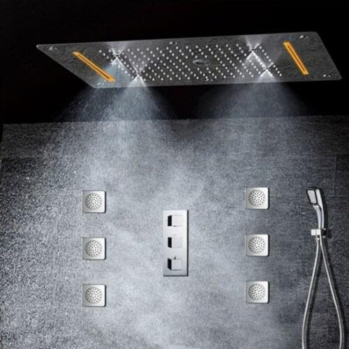 Multi-Function Recessed Thermostatic Complete Shower System with Rough-in-Valve Concealed LED Ceiling Shower Set Massage Jets
