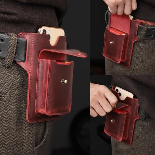 Retro Genuine Leather Mens Belt Bag Storage Running Mobile Phone Pocket Cowhide Loop Holster Waist Bag Mini Coin Purse Wallet