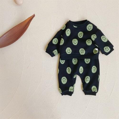 2021 New Fashion Smiley Print Baby Clothes Set Long Sleeve Sweatshirt For Boys Girls Harem Pants Casual Children Clothing Suit