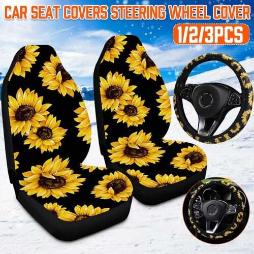 New 3D Sunflower Universal Car Front Seat Covers+Steering Wheel Cover Automobile Seat Protector Interior Accessories Car Styling