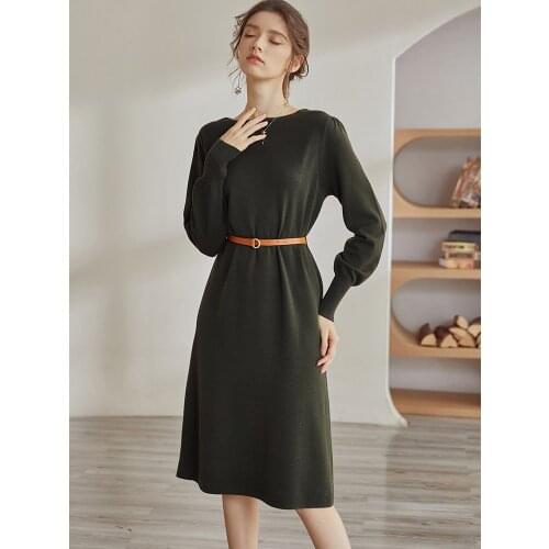 Sheep wool sweater dress 2021 autumn new temperament lantern sleeve mid-length skirt