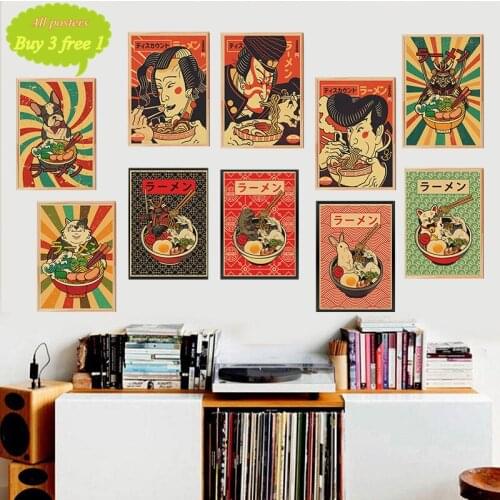 Japanese style ramen abstract phrases Kraft Paper painting posters restaurant kitchen home decor living Art Decor
