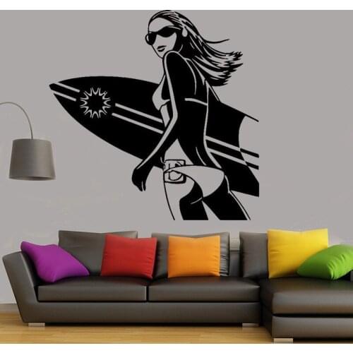 Sexy Bikini Surfing Girl wall sticker girls bedroom Living room art mural Home decor vinyl stickers for Surfing Sport Decal G960