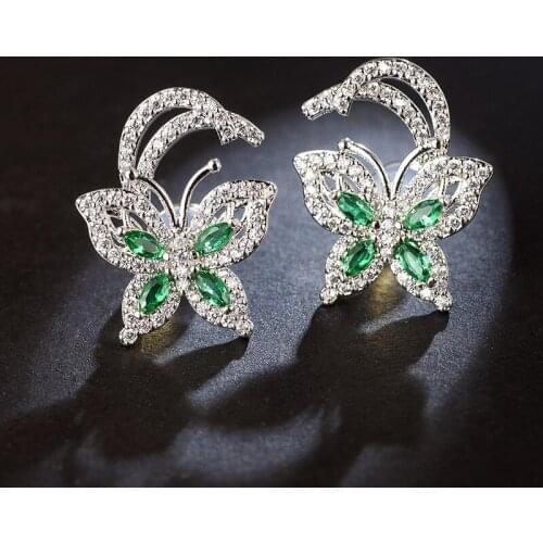 AAA Fashion Full Mosaic Cubic Zirconia Mint Green Butterfly Earrings Silver Stud Earrings For Women Wedding Luxury Jewelry