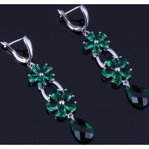 Ravishing Flower Water Drop Green Cubic Zirconia Silver Plated Drop Dangle Earrings V0813
