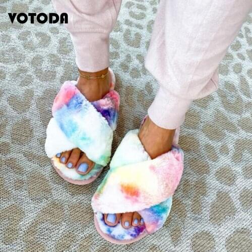 Winter Women Home Slipper Woman Faux Fur Cross Rainbow Plush Indoor Flip Flop Ladies Furry House Slides Female Warm Slip On Shoe
