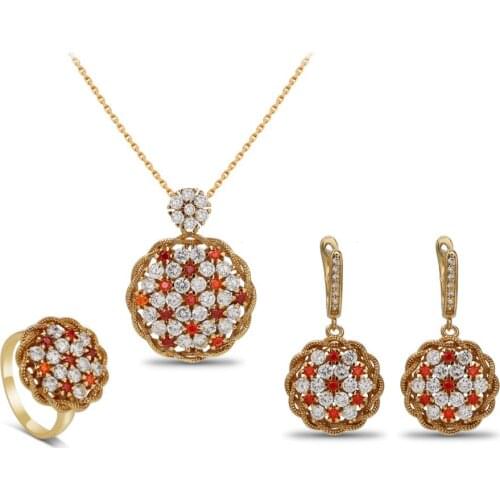 VANFI new round red and white zircon fashion jewelry sets necklace&earring&rings for women wendding party