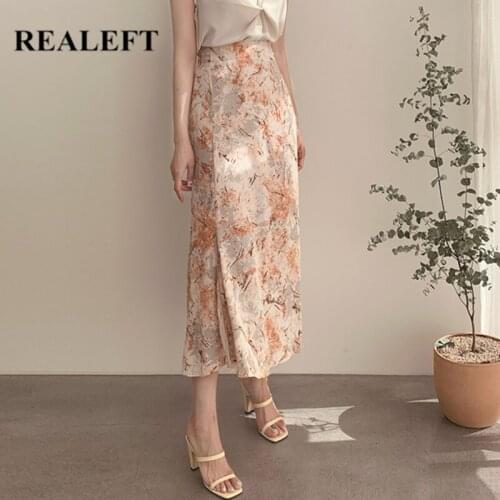 REALEFT 2021 New Spring Summer Oil Painting Womens Long Skirts Vintage High Waist Chic Female Side Split A-Line Skirts Saias