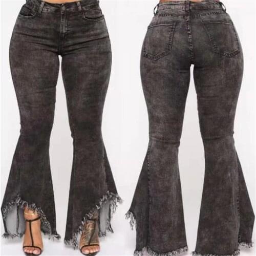 Womens Denim Jeans Tassels High Waist Bell Bottom Flare Pants Wide Leg Trousers New