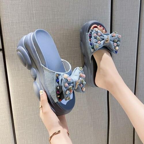2021 New Summer Women Slippers Slip Resistant Slippers Platform Sandals Thick bottom Sole Big Bowtie Woman Beach Flip Flops