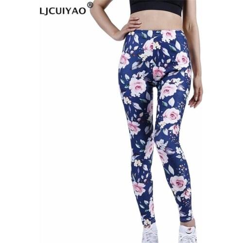 LJCUIYAO Women Sport Pants Sexy Push Up Gym Sport Leggings Navy Pink Flowers Running Tights Skinny Soft Elastic Waist Clothes