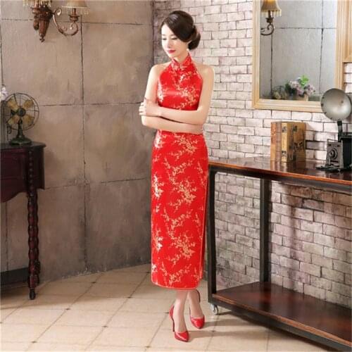 Bridal cheongsam red long satin wedding dress split Qipao show T stage show evening slim retro backless sleeveless dress vestido