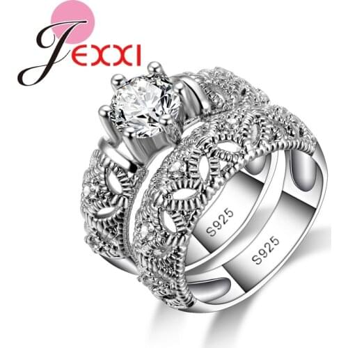 Fashion 925 Sterling Silver Rings for Women Anniversary Love Ring White Gold Hollow Engagement Female Ring Sets Jewelry